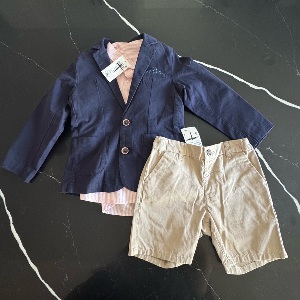 3 Piece Navy Blazer and Khaki‎ Shorts Set